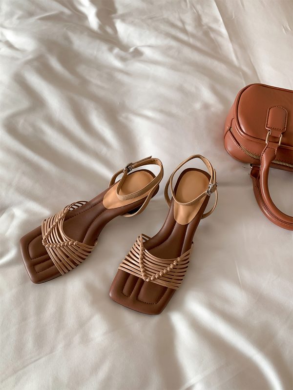 Square-Toed High-Heeled Sheepskin Sandals for Women - Hollow-Out Thin Strap, Woven One-Strap Genuine Leather Summer Fashion Sandals