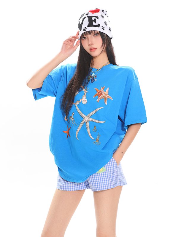 Starfish Shell Basic Loose Couple Pullover T-Shirt - Casual Short Sleeve Top for Y2K and 90s Style Fashion