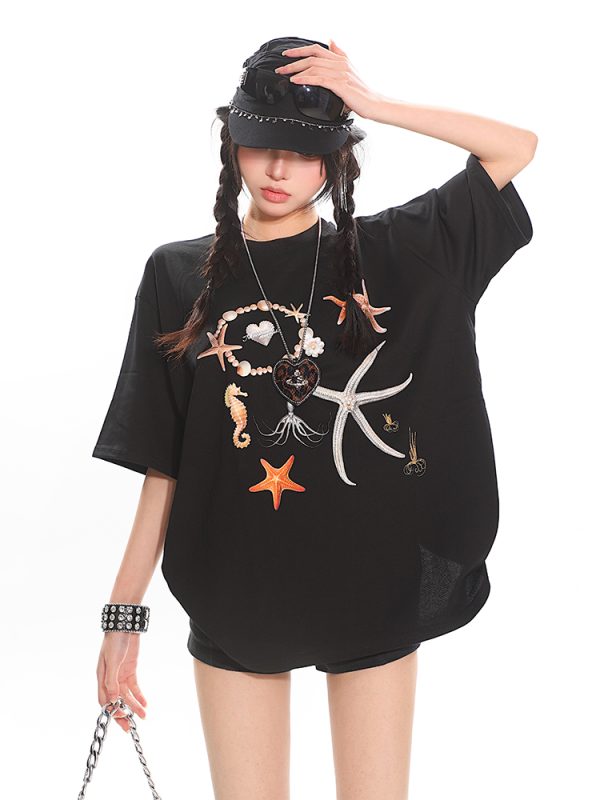 Starfish Shell Basic Loose Couple Pullover T-Shirt - Casual Short Sleeve Top for Y2K and 90s Style Fashion