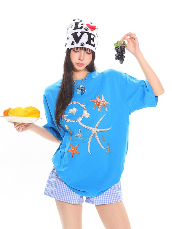 Starfish Shell Basic Loose Couple Pullover T-Shirt - Casual Short Sleeve Top for Y2K and 90s Style Fashion