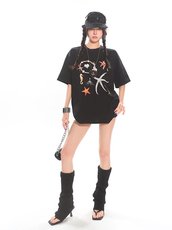 Starfish Shell Basic Loose Couple Pullover T-Shirt - Casual Short Sleeve Top for Y2K and 90s Style Fashion