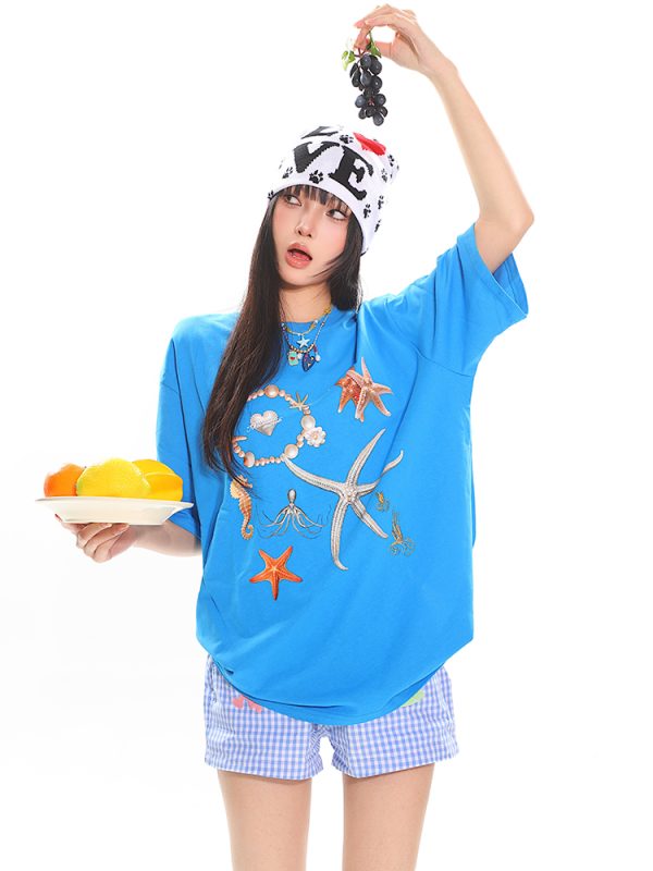 Starfish Shell Basic Loose Couple Pullover T-Shirt - Casual Short Sleeve Top for Y2K and 90s Style Fashion