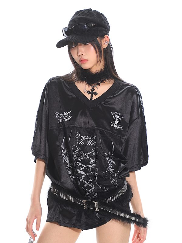 Strap Printed Sweet and Spicy Punk Satin Short Sleeve T-Shirt for Women - Summer Sports Top, Y2K Style Fashion Tee