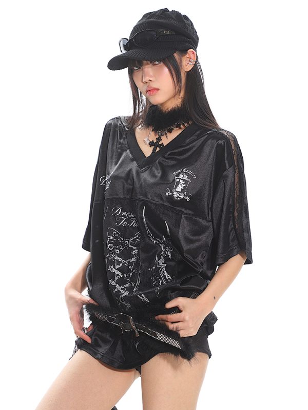 Strap Printed Sweet and Spicy Punk Satin Short Sleeve T-Shirt for Women - Summer Sports Top, Y2K Style Fashion Tee