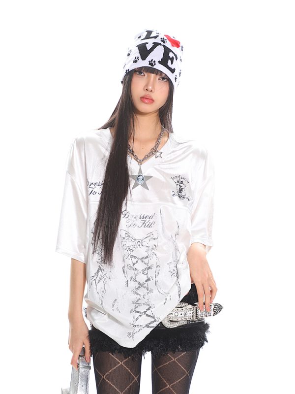 Strap Printed Sweet and Spicy Punk Satin Short Sleeve T-Shirt for Women - Summer Sports Top, Y2K Style Fashion Tee