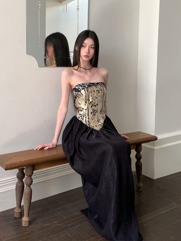 Strapless Chinese Style Jacquard Dress with Bamboo Pattern, Color Block Splicing Vase Skirt, Spring Summer 2025 Fashion for Women