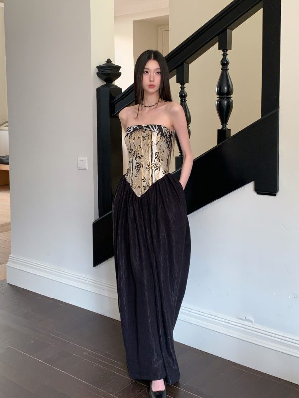 Strapless Chinese Style Jacquard Dress with Bamboo Pattern, Color Block Splicing Vase Skirt, Spring Summer 2025 Fashion for Women