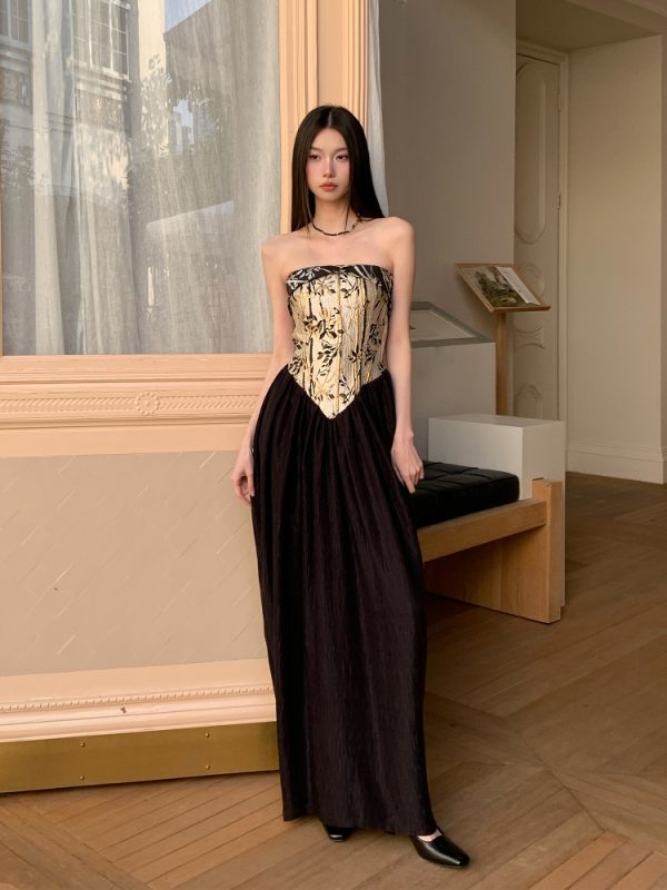 Strapless Chinese Style Jacquard Dress with Bamboo Pattern, Color Block Splicing Vase Skirt, Spring Summer 2025 Fashion for Women
