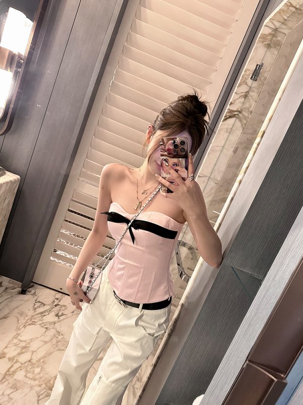 Strapless Pink Fishbone Bow Slim-Fit Waist-Cinching Top for Trendy Girls - Y2K Fashion Inspired Style
