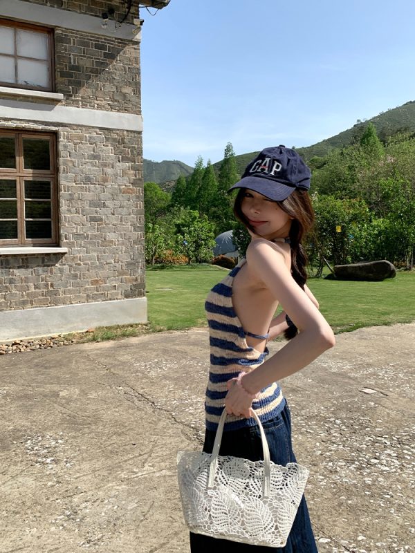 Striped Backless Halter Summer Vest Top in Ice Silk - Slim Fit Sea Salt Cool Breeze Style for Trendy Summer Looks