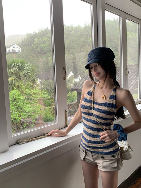 Striped Backless Halter Summer Vest Top in Ice Silk - Slim Fit Sea Salt Cool Breeze Style for Trendy Summer Looks
