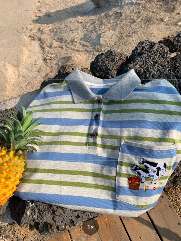 Striped Cow Embroidery Polo T-Shirt for Men and Women, Summer Loose Fit Short Sleeve Top, Vintage Style
