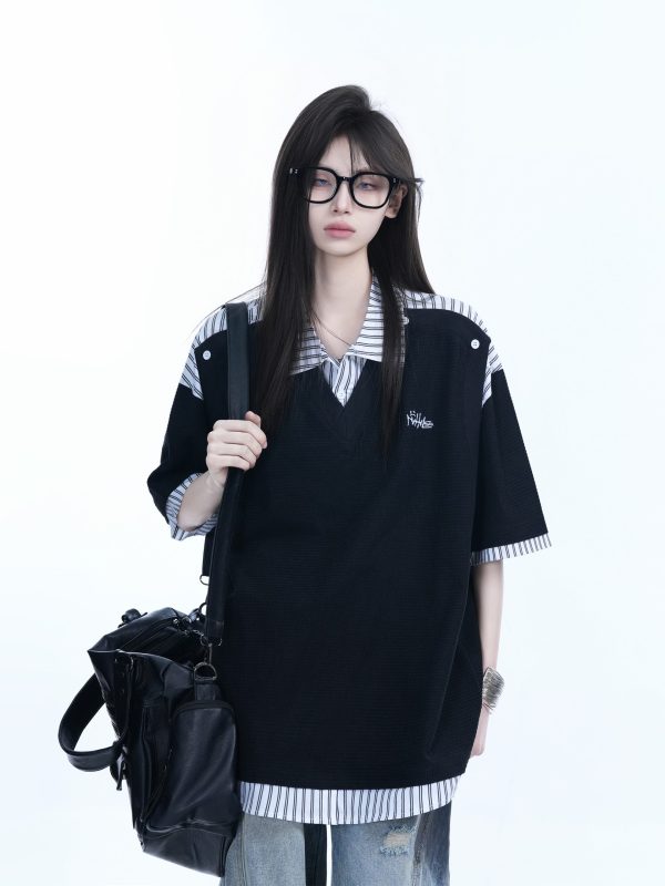 Striped Henry Collar Short Sleeve T-Shirt for Women - Unique Fake Two-Piece Design, Loose Fit, Trendy Casual Style