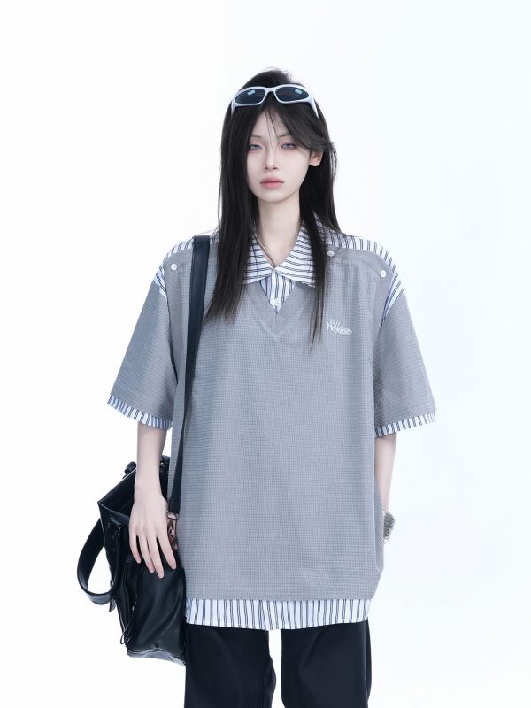 Striped Henry Collar Short Sleeve T-Shirt for Women - Unique Fake Two-Piece Design, Loose Fit, Trendy Casual Style