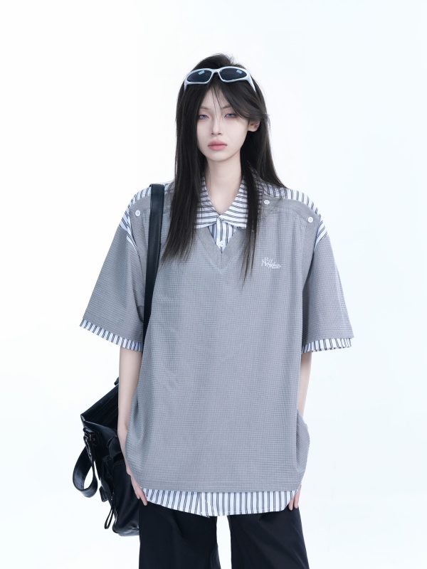 Striped Henry Collar Short Sleeve T-Shirt for Women - Unique Fake Two-Piece Design, Loose Fit, Trendy Casual Style