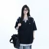 Striped Henry Collar Short Sleeve T-Shirt for Women - Unique Fake Two-Piece Design, Loose Fit, Trendy Casual Style
