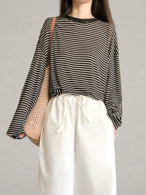 Striped Long-Sleeve Lightweight T-Shirt for Women - Summer Style, Loose-Fitting, Breathable Base Layer, Versatile Casual Top