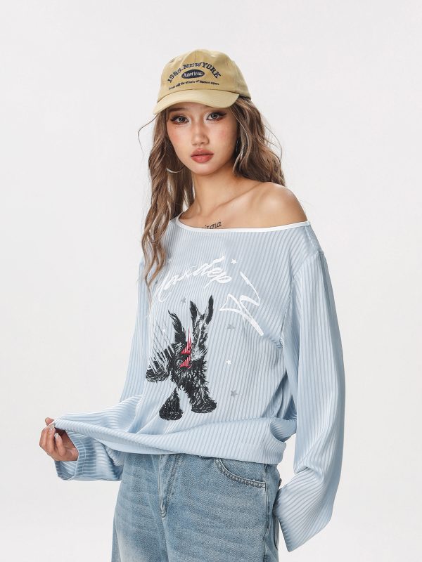 Striped Long Sleeve Off-Shoulder T-Shirt for Women - American Style Cool Thin Sun Protection Cover-Up - Trendy Hot Girl Top