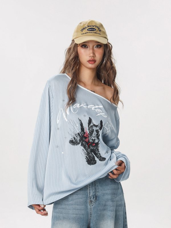 Striped Long Sleeve Off-Shoulder T-Shirt for Women - American Style Cool Thin Sun Protection Cover-Up - Trendy Hot Girl Top
