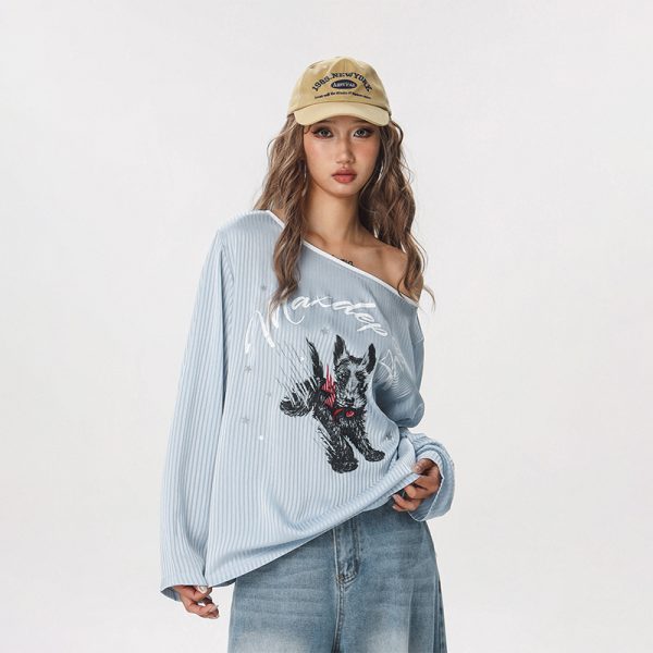 Striped Long Sleeve Off-Shoulder T-Shirt for Women - American Style Cool Thin Sun Protection Cover-Up - Trendy Hot Girl Top