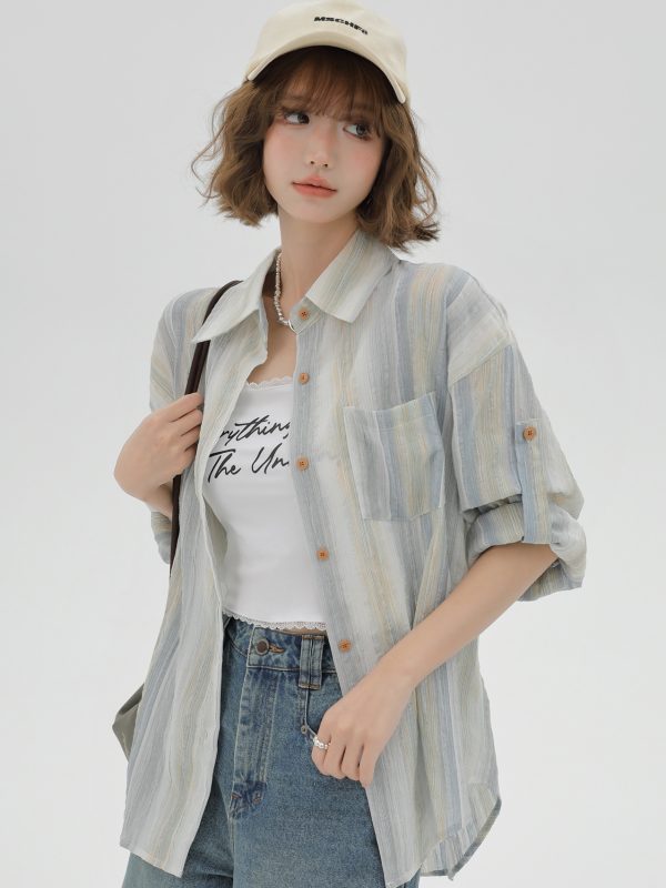 Striped Long Sleeve Shirt for Women - Color-Blocking Loose Sun-Protective Jacket Top for Spring & Autumn, Versatile Fashion Essential