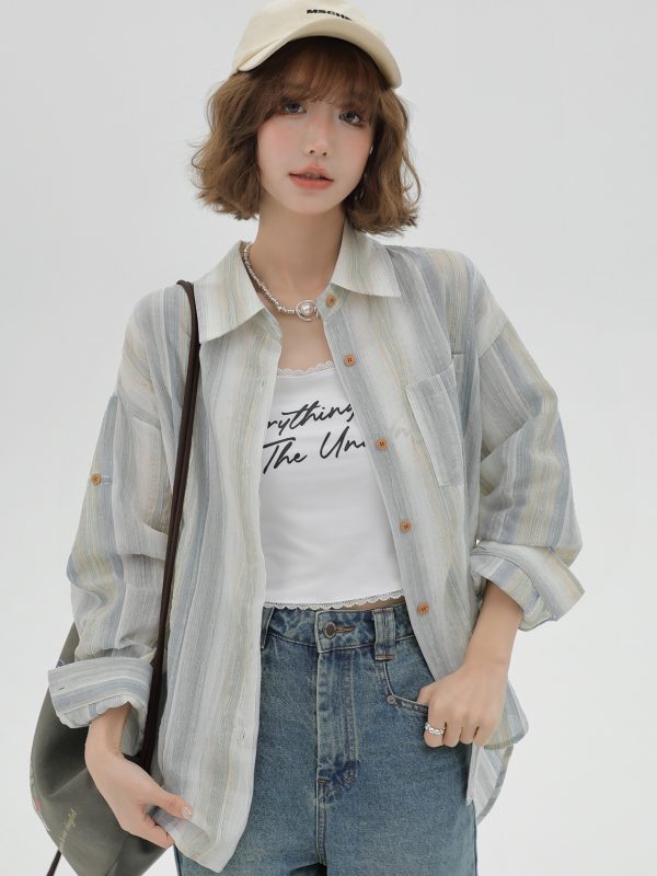 Striped Long Sleeve Shirt for Women - Color-Blocking Loose Sun-Protective Jacket Top for Spring & Autumn, Versatile Fashion Essential