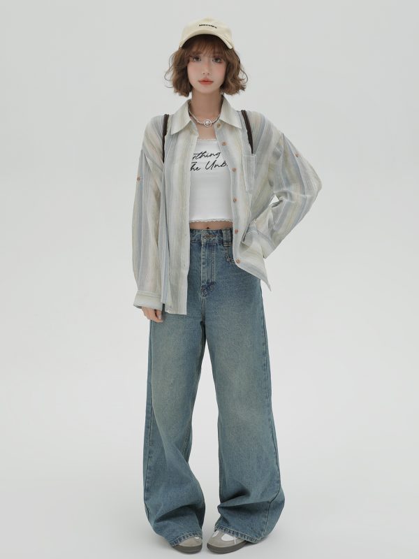 Striped Long Sleeve Shirt for Women - Color-Blocking Loose Sun-Protective Jacket Top for Spring & Autumn, Versatile Fashion Essential