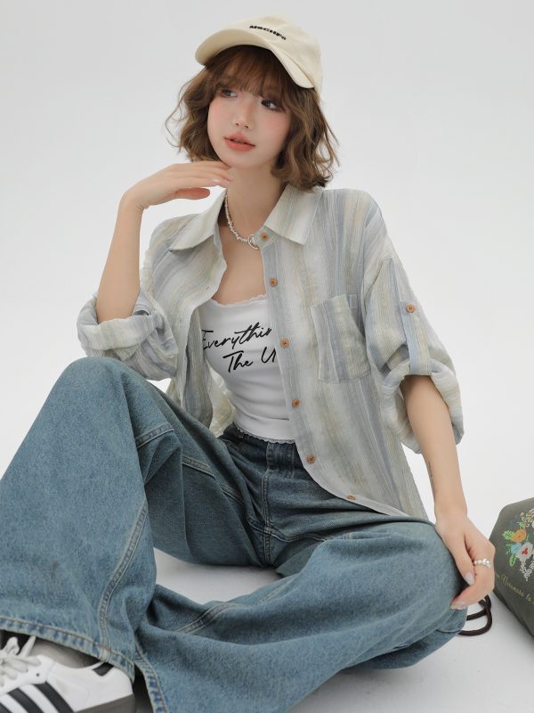 Striped Long Sleeve Shirt for Women - Color-Blocking Loose Sun-Protective Jacket Top for Spring & Autumn, Versatile Fashion Essential