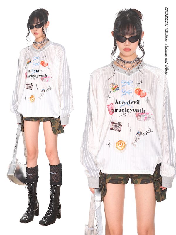 Striped Print V-Neck Long Sleeve T-Shirt for Women - American Sweetheart Style, Autumn Sports Fashion
