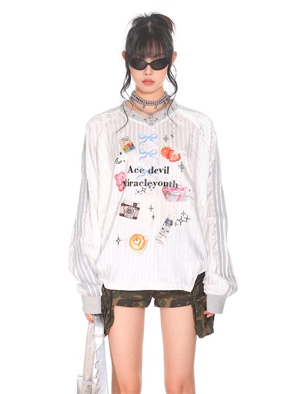 Striped Print V-Neck Long Sleeve T-Shirt for Women - American Sweetheart Style, Autumn Sports Fashion