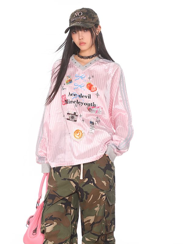 Striped Print V-Neck Long Sleeve T-Shirt for Women - American Sweetheart Style, Autumn Sports Fashion