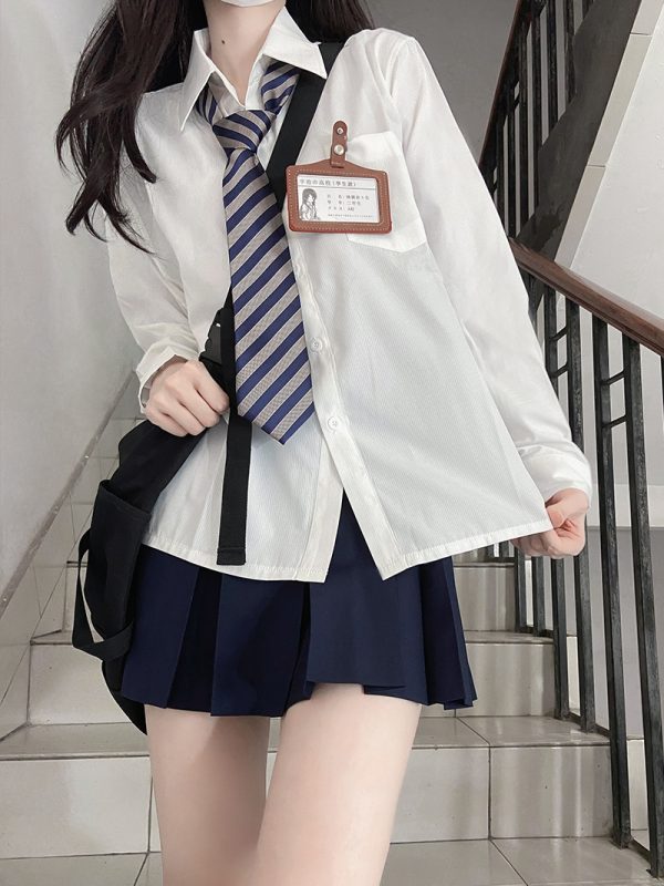 Striped Pudding Bear JK Shirt Set for Women - Short Sleeve & Long Sleeve Uniform, Blue, Summer Fashion, Kawaii Style