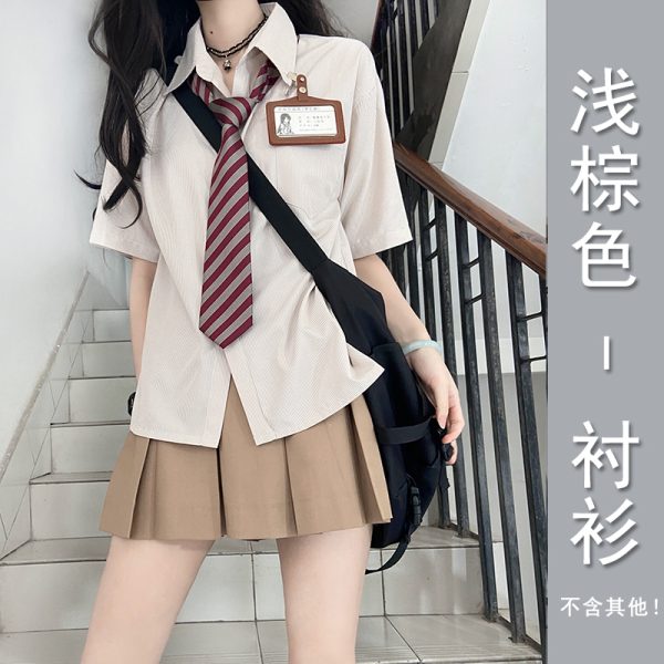Striped Pudding Bear JK Shirt Set for Women - Short Sleeve & Long Sleeve Uniform, Blue, Summer Fashion, Kawaii Style