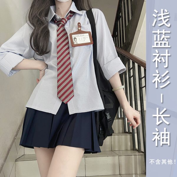 Striped Pudding Bear JK Shirt Set for Women - Short Sleeve & Long Sleeve Uniform, Blue, Summer Fashion, Kawaii Style