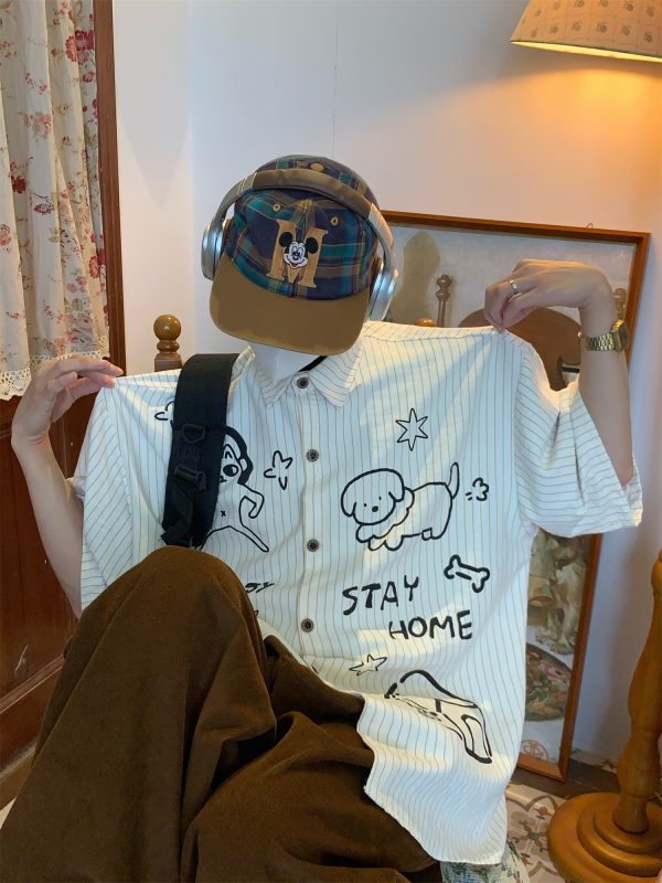 Striped Short Sleeve Shirt for Couples - Summer Loose Fit Dog Print Top - Trendy Vintage Style