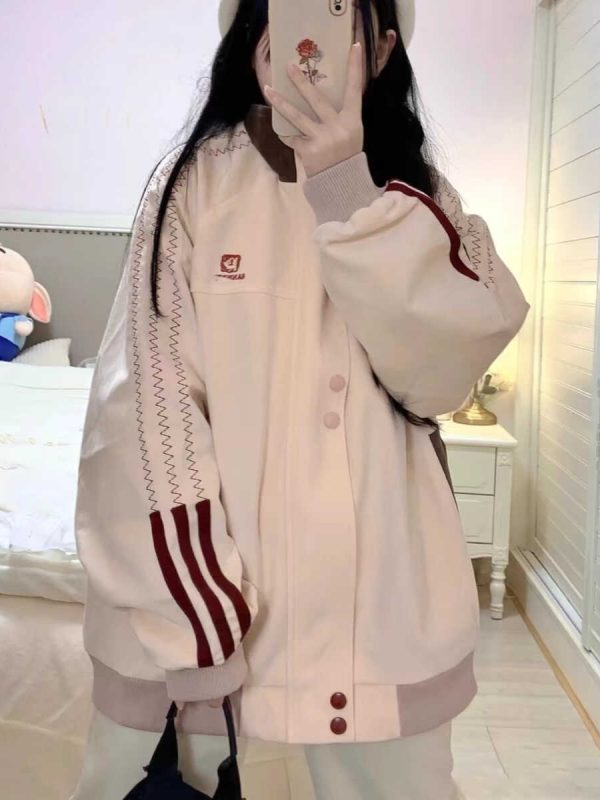 Stylish Pink Patchwork Baseball Jacket for Women - Unique Korean-Style Cardigan for Spring and Autumn Fashion