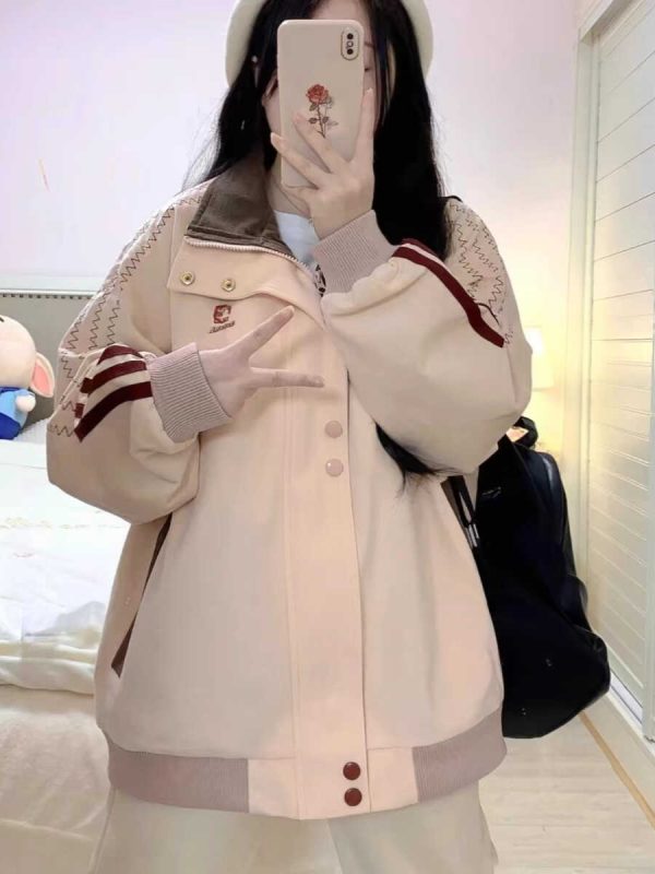 Stylish Pink Patchwork Baseball Jacket for Women - Unique Korean-Style Cardigan for Spring and Autumn Fashion