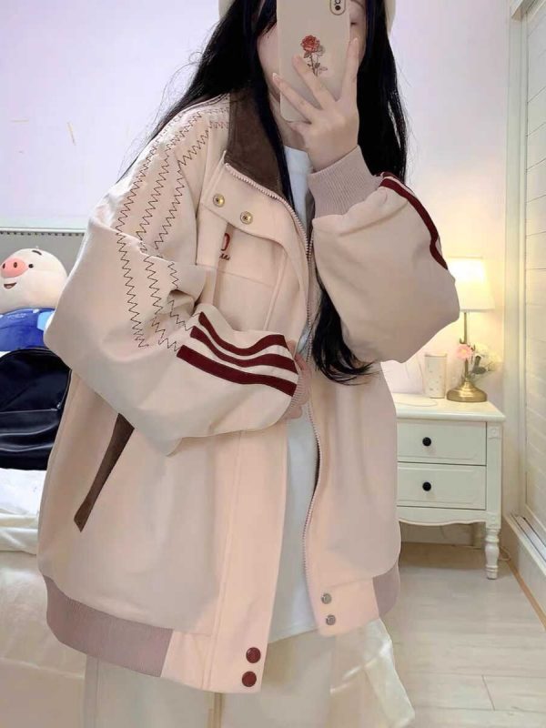 Stylish Pink Patchwork Baseball Jacket for Women - Unique Korean-Style Cardigan for Spring and Autumn Fashion