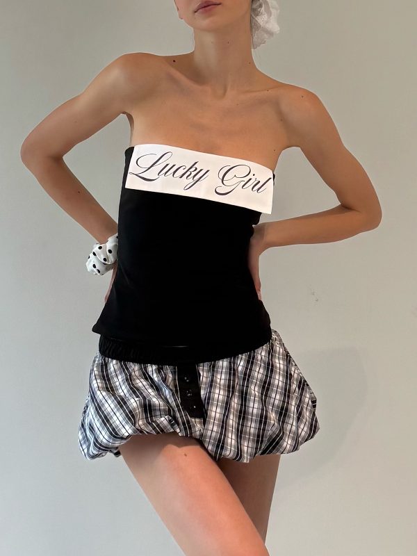Stylish Split Lapel Strapless Top with Waist-Defined Design & Plaid Bubble Skirt - Quirky Y2K Fashion Outfit for Trendy Girls