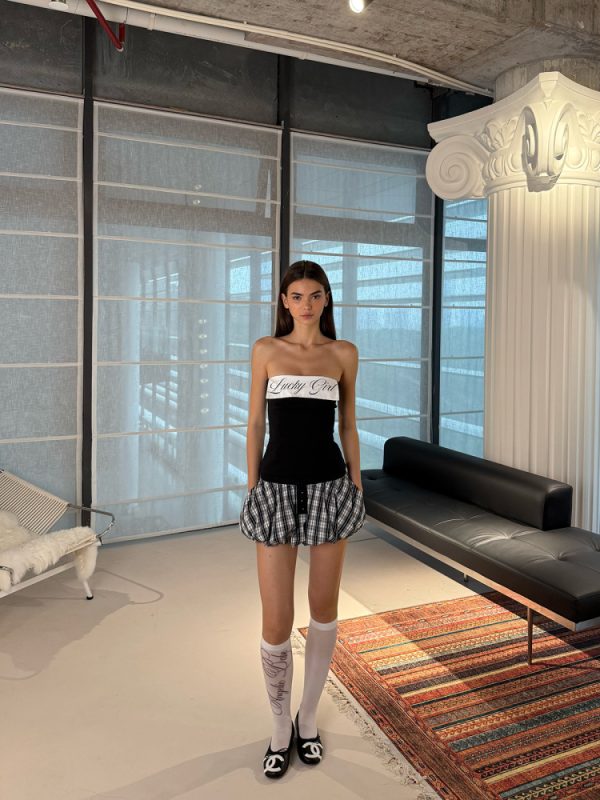 Stylish Split Lapel Strapless Top with Waist-Defined Design & Plaid Bubble Skirt - Quirky Y2K Fashion Outfit for Trendy Girls
