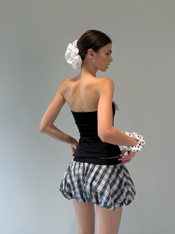 Stylish Split Lapel Strapless Top with Waist-Defined Design & Plaid Bubble Skirt - Quirky Y2K Fashion Outfit for Trendy Girls