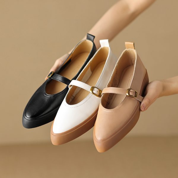 Stylish Women's Genuine Leather Pointed Toe One-Strap Mary Jane Shoes - Thick-Soled Platform Loafers for Trendy Looks