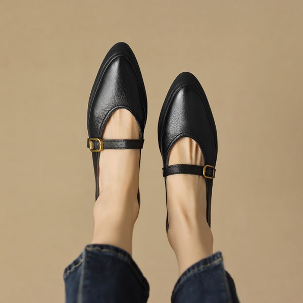 Stylish Women's Genuine Leather Pointed Toe One-Strap Mary Jane Shoes - Thick-Soled Platform Loafers for Trendy Looks
