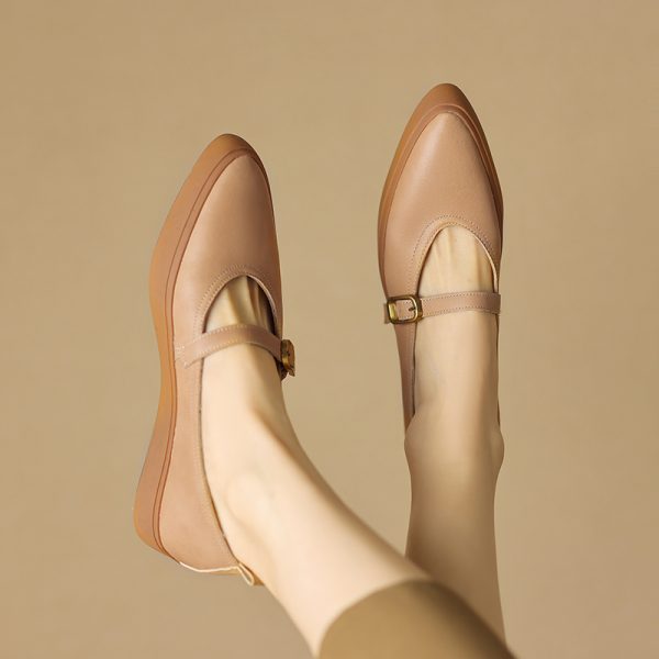Stylish Women's Genuine Leather Pointed Toe One-Strap Mary Jane Shoes - Thick-Soled Platform Loafers for Trendy Looks