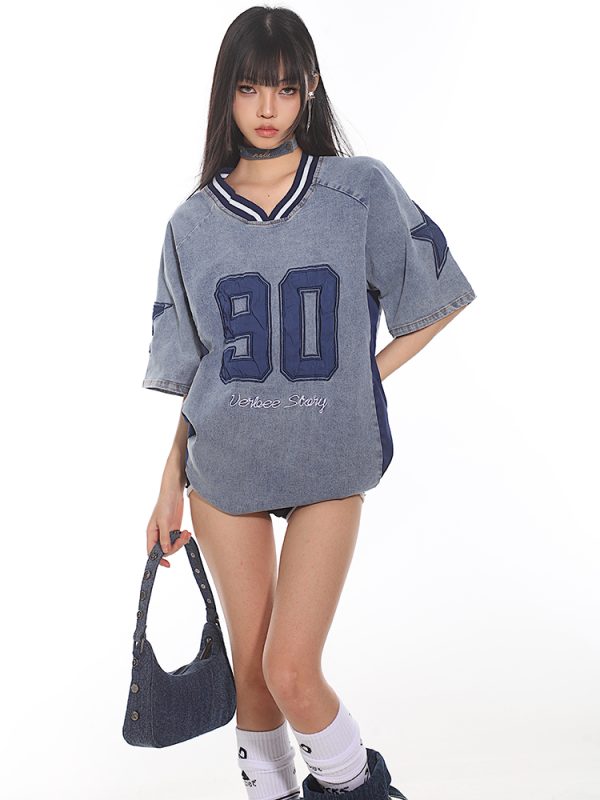 Summer 2025 American Vintage Denim Loose T-Shirt with Letter Embroidery for Women - Trendy Street Style Fashion