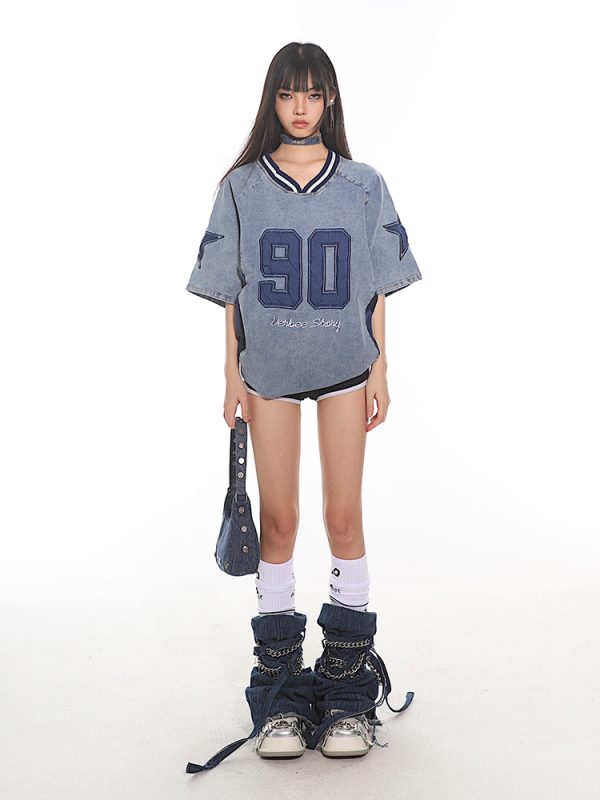 Summer 2025 American Vintage Denim Loose T-Shirt with Letter Embroidery for Women - Trendy Street Style Fashion