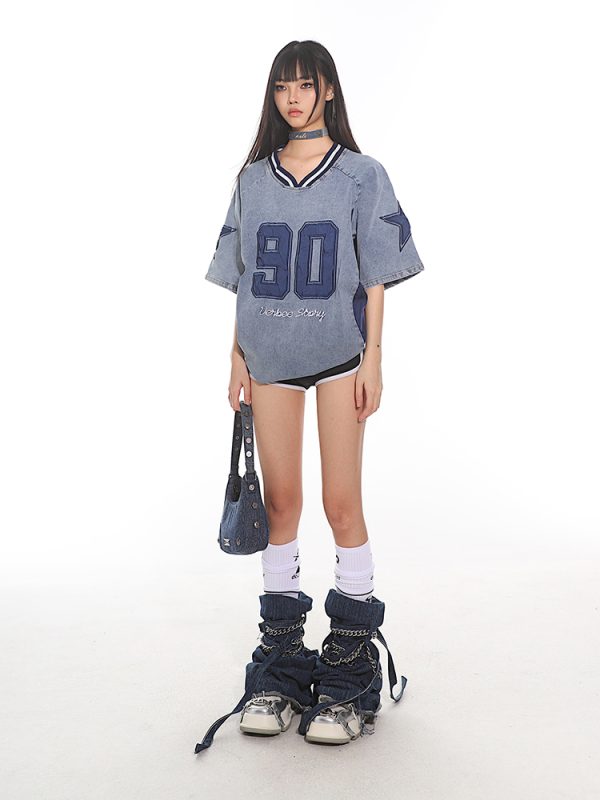 Summer 2025 American Vintage Denim Loose T-Shirt with Letter Embroidery for Women - Trendy Street Style Fashion