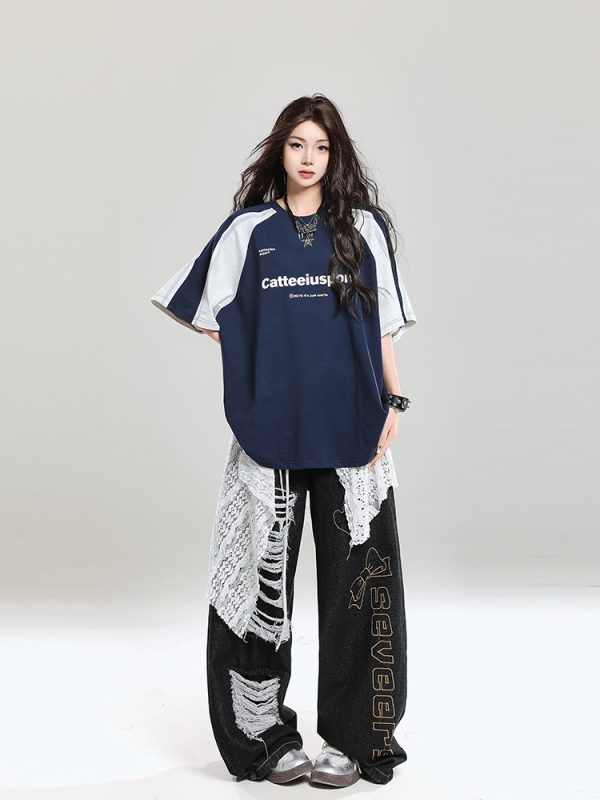 Summer 2025 College Style Letter Print Short-Sleeve T-Shirt for Girls - Loose Casual Top, Trendy Niche Design