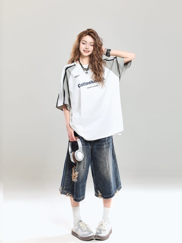 Summer 2025 College Style Letter Print Short-Sleeve T-Shirt for Girls - Loose Casual Top, Trendy Niche Design
