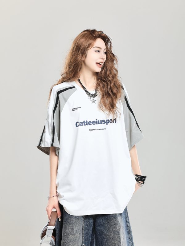 Summer 2025 College Style Letter Print Short-Sleeve T-Shirt for Girls - Loose Casual Top, Trendy Niche Design